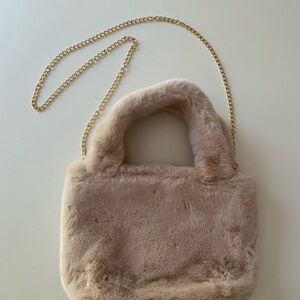 NEW Faux Fur Soft Fluffy Small Tote Bag Purse Handles Chain Strap Tan Camel